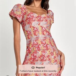 Lulu's Red Floral Puff-Sleeve Mini Dress with Yellow Accents